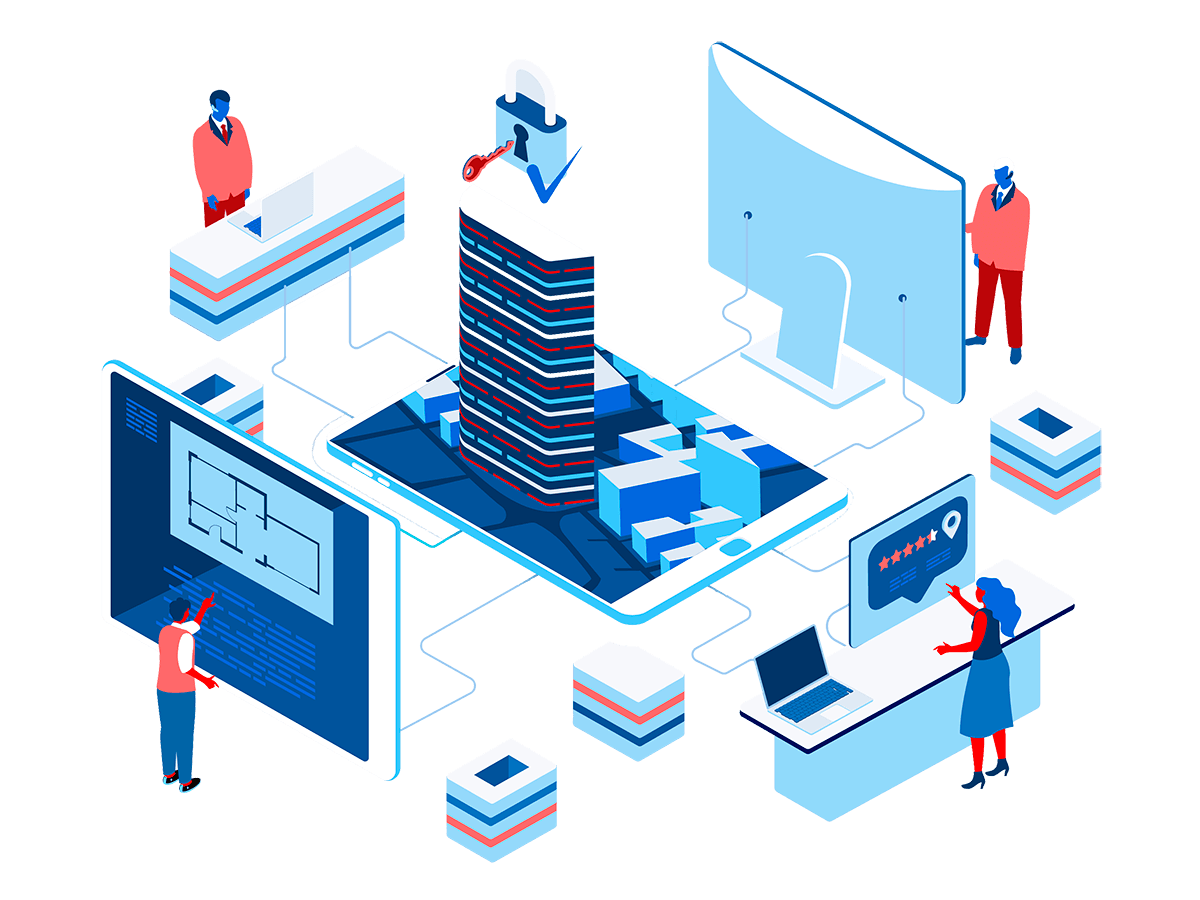 Illustration of a team collaborating around a video call and analytics dashboard